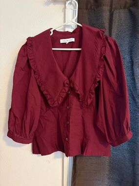 Soje the Label Burgundy Ruffle Collar Button-Front Blouse